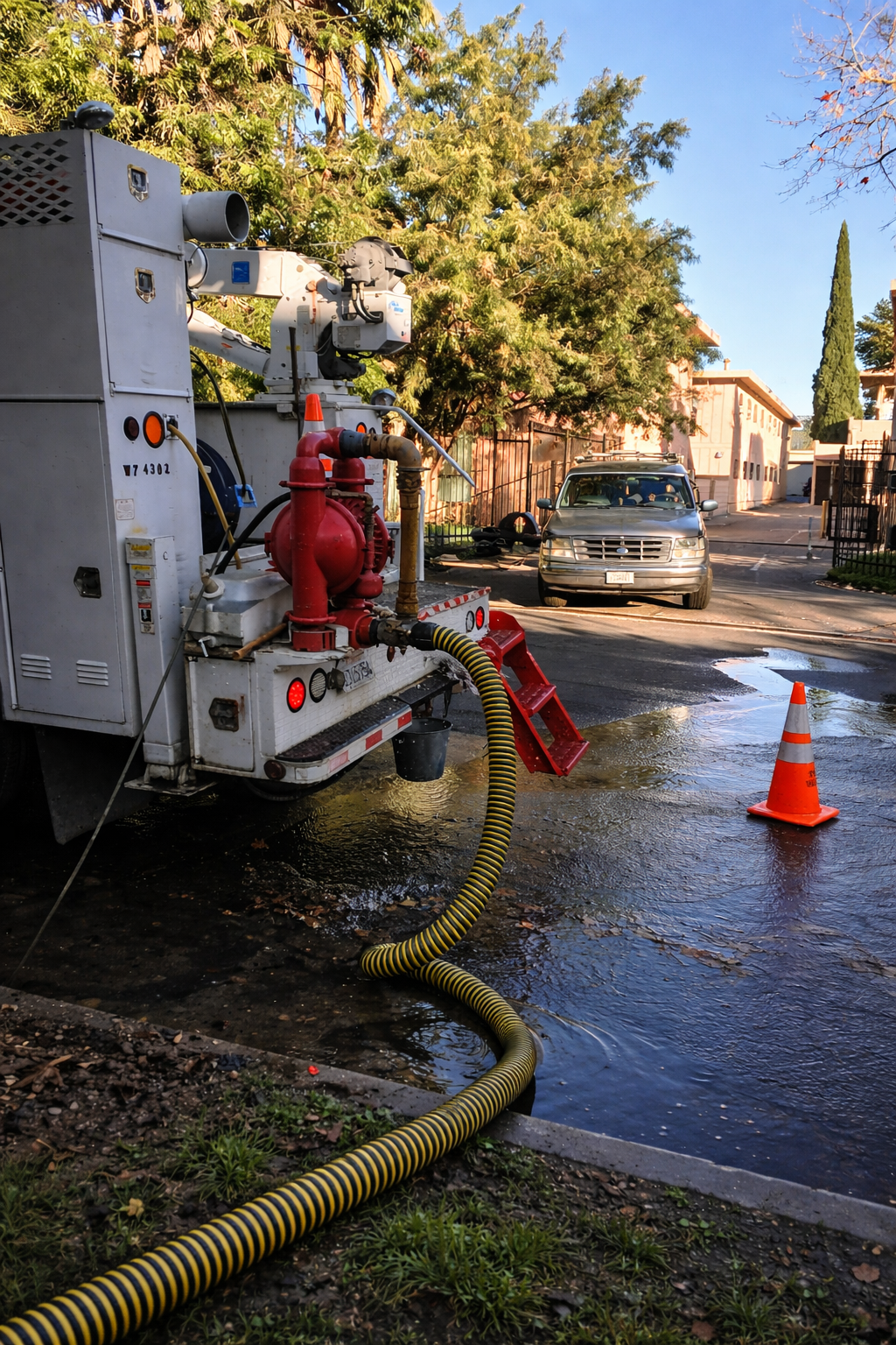 Vacuum truck cleaning a residential sewer line with safety cone in place.