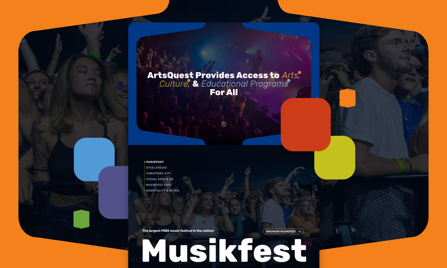 The Arts Quest homepage featured over an image of people attending a concert. There is a frame of orange bars and multi colored confetti shapes around the site.  