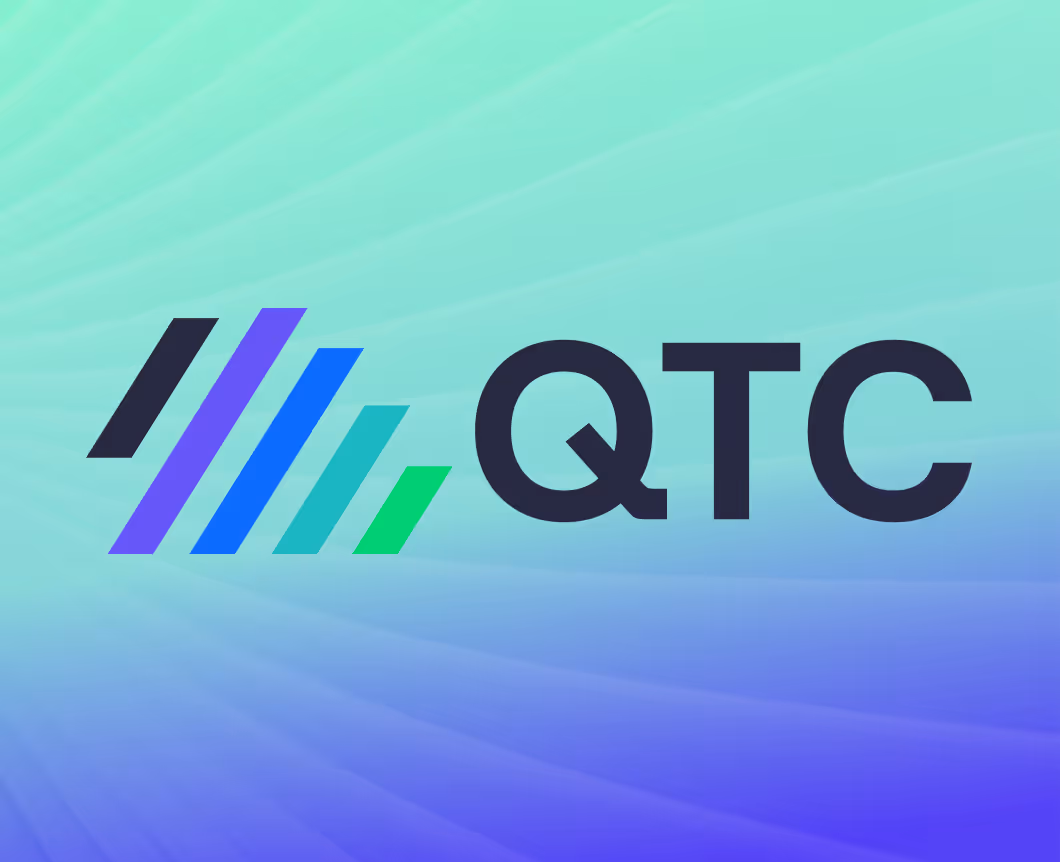 The QTC logo over a textured gradient background. 