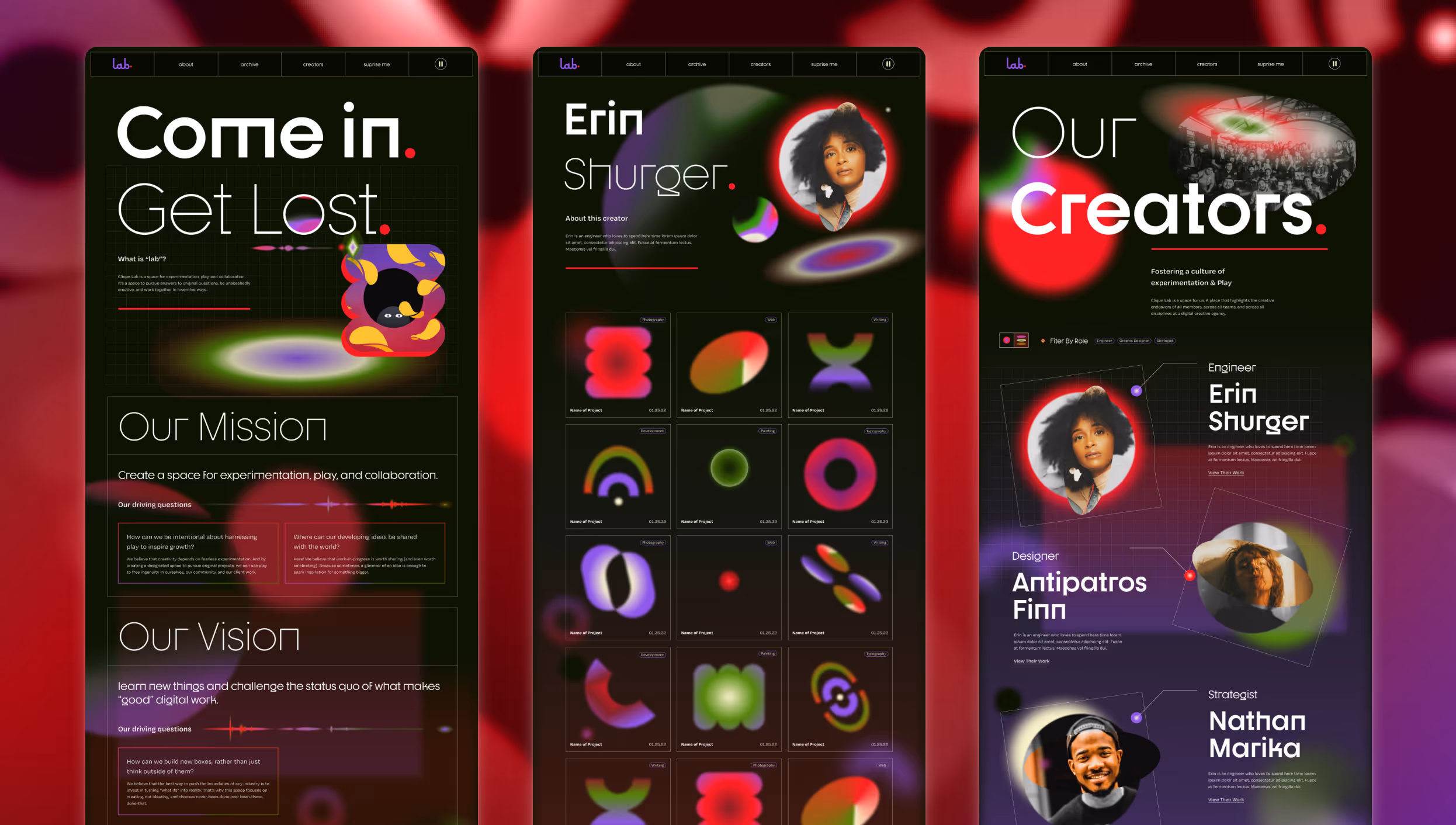 A highlight of three pages from the site design. The about, creator detail, and creator list. 