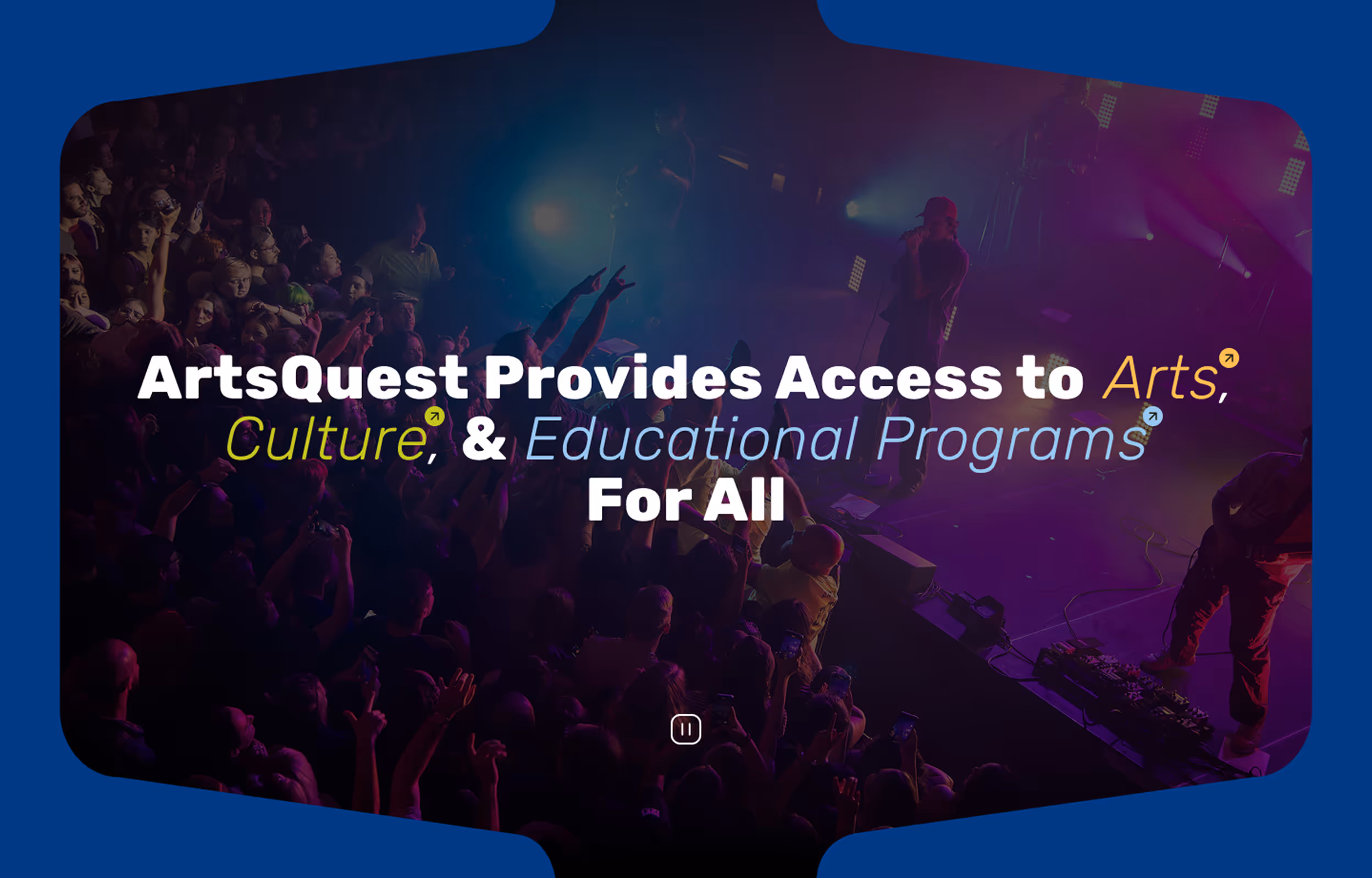 Arts Quest homepage initial impression. People attend a concert. 