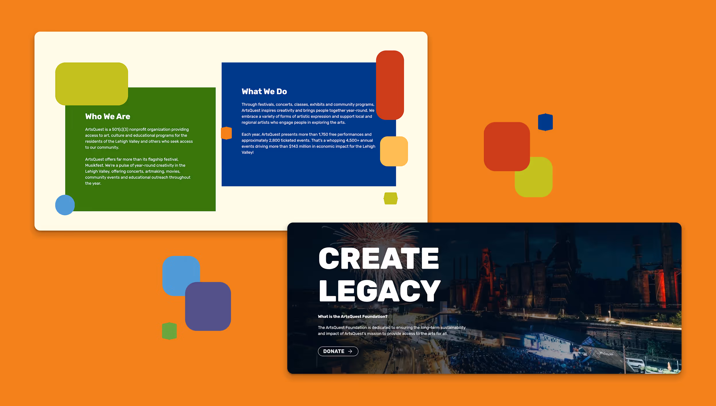 A well designed mission and vision statement example along with an example of a call-out section about Arts Quest's legacy. 