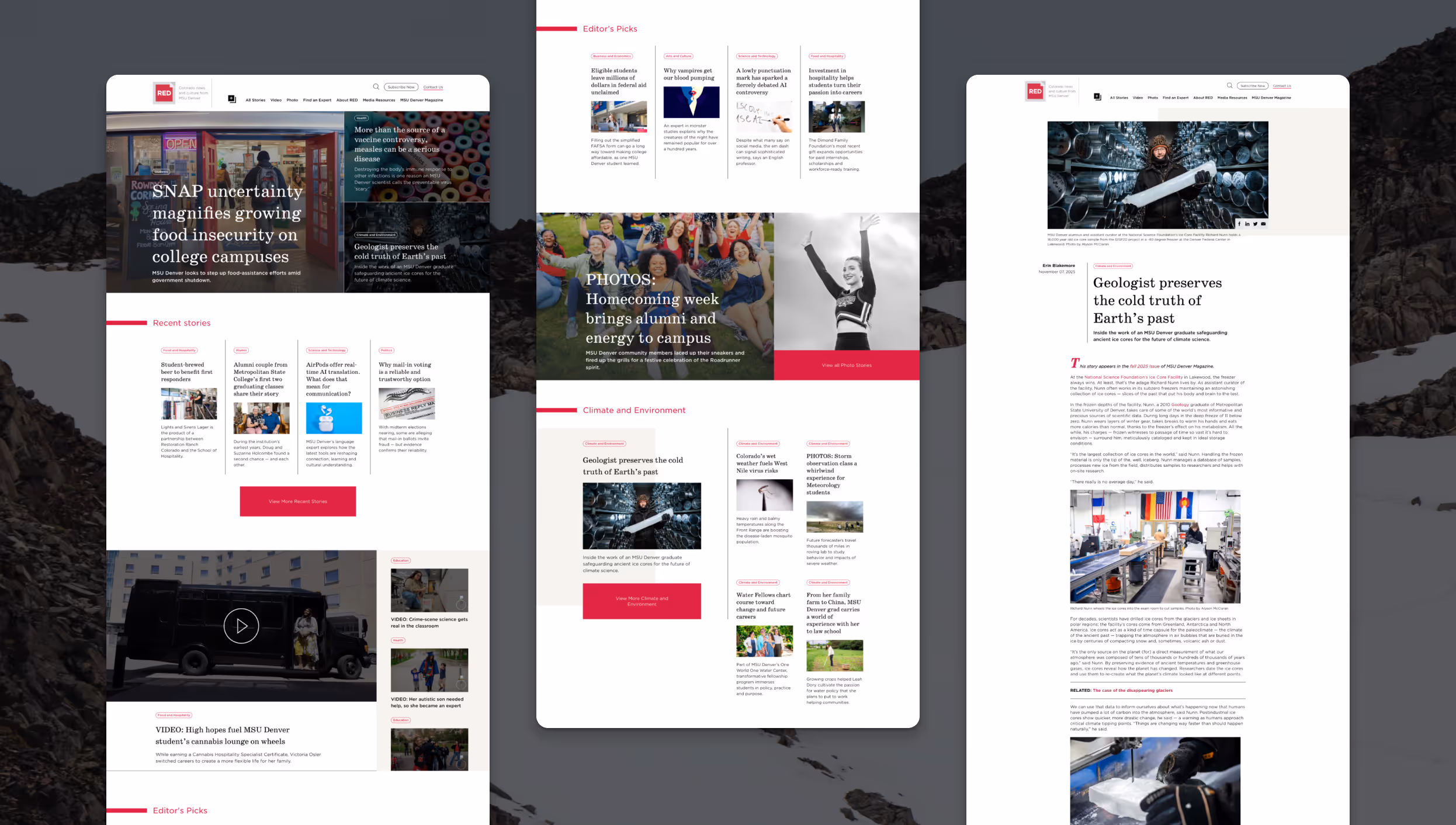 An overview of the MSU Denver RED news site design. For external news publishing.