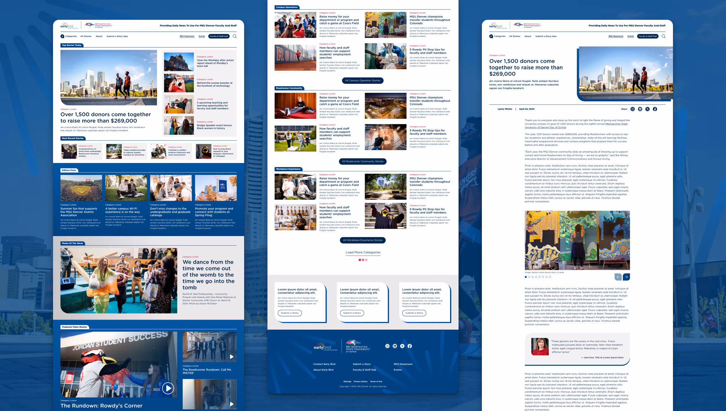An overview of the MSU Denver Early Bird news site design. For internal news publishing.