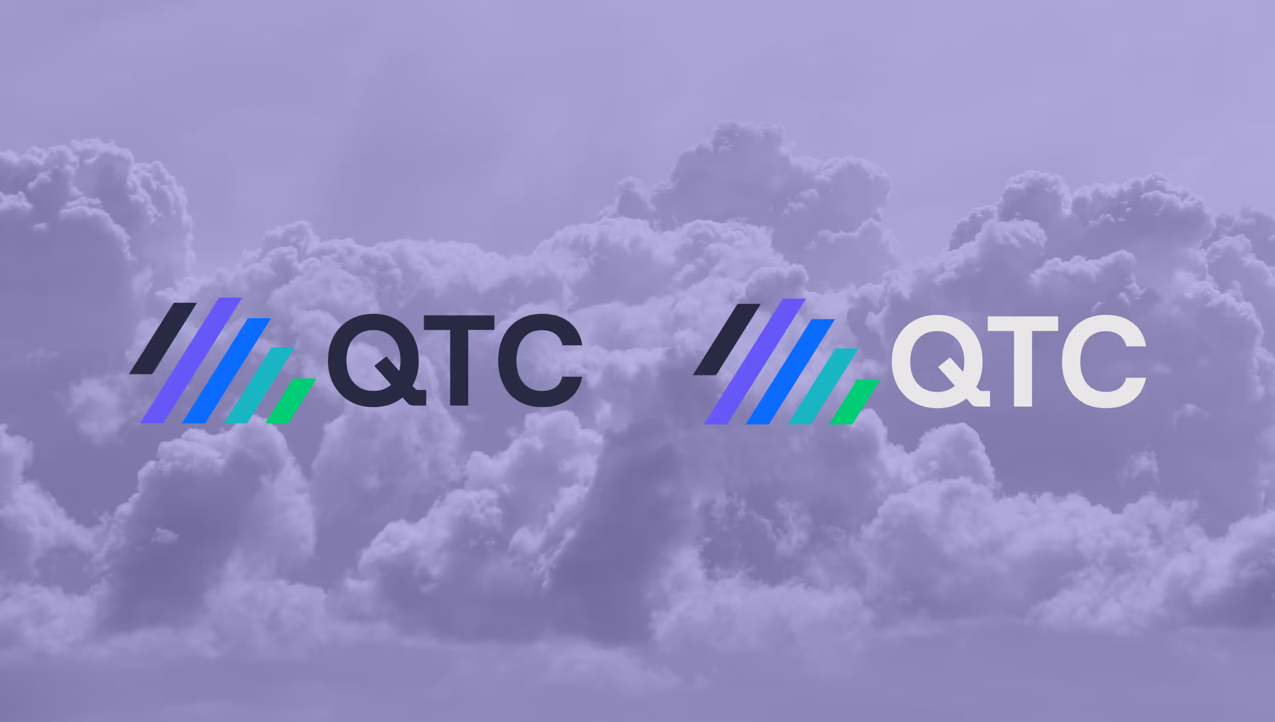 The light and dark full color version of the QTC logo, sitting atop an image of clouds.