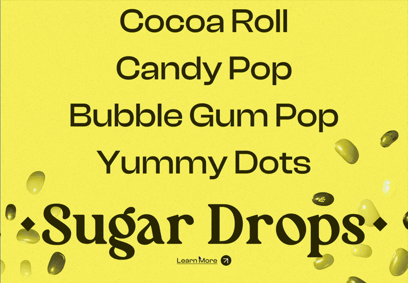 A cursor scrolls over the names of different candies causing the screen to change color and images of the candy to pop in. 