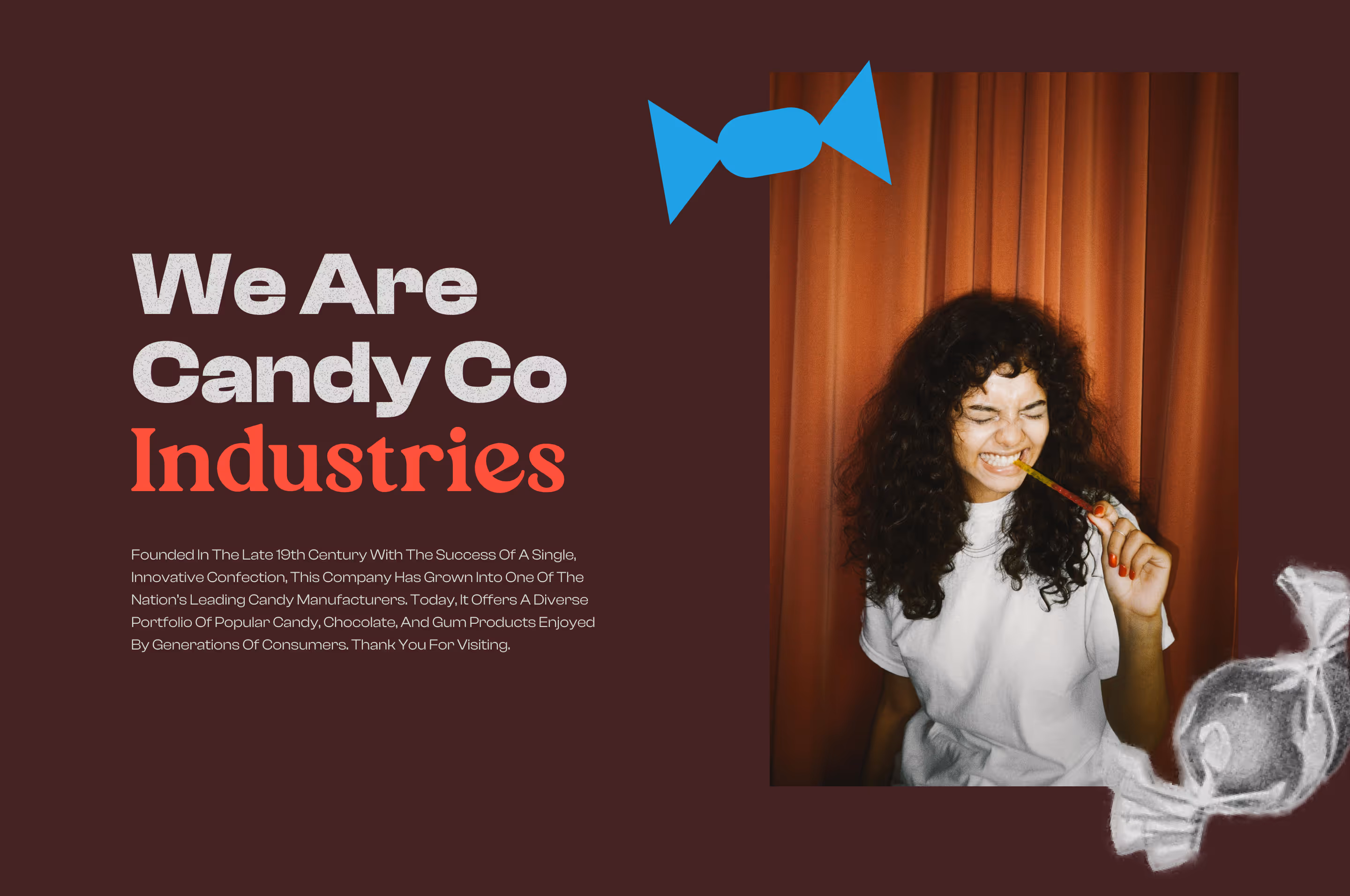 A young woman with curly hair bits a gummy worm. The image is framed by a icon of a candy wrapper and a vintage drawing of a candy wrapper.   