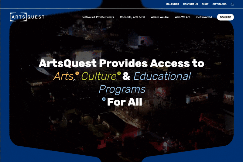 Scrolling through the homepage of Arts Quest