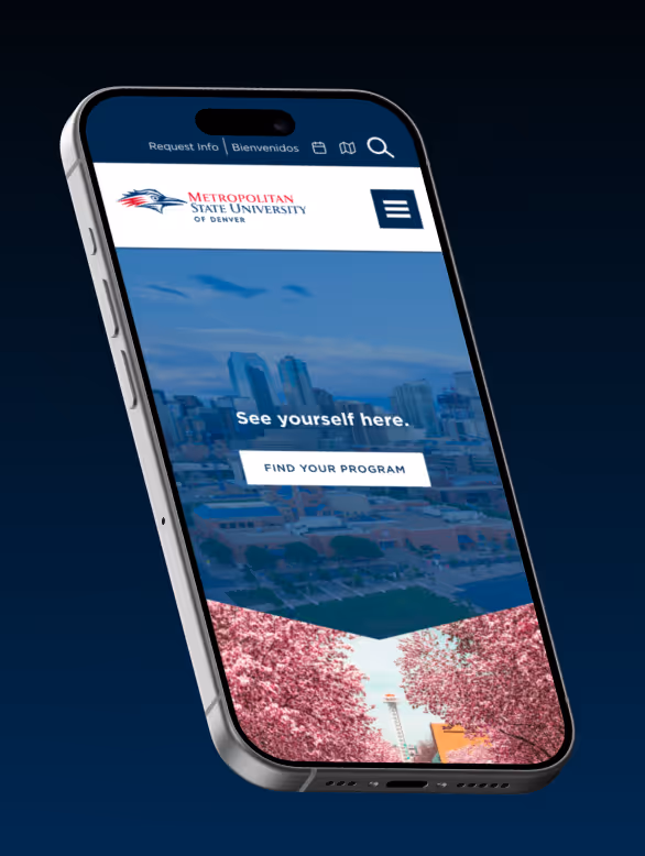 The Metro State University of Denver's homepage on a mobile phone.