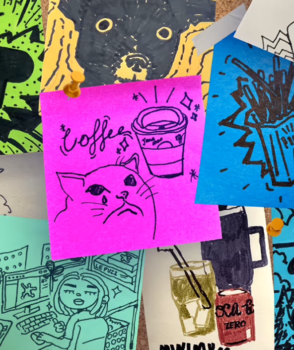 A pile of colorful post-it-notes with illustrations. The one in the center is of a sad cat daydreaming about coffee.