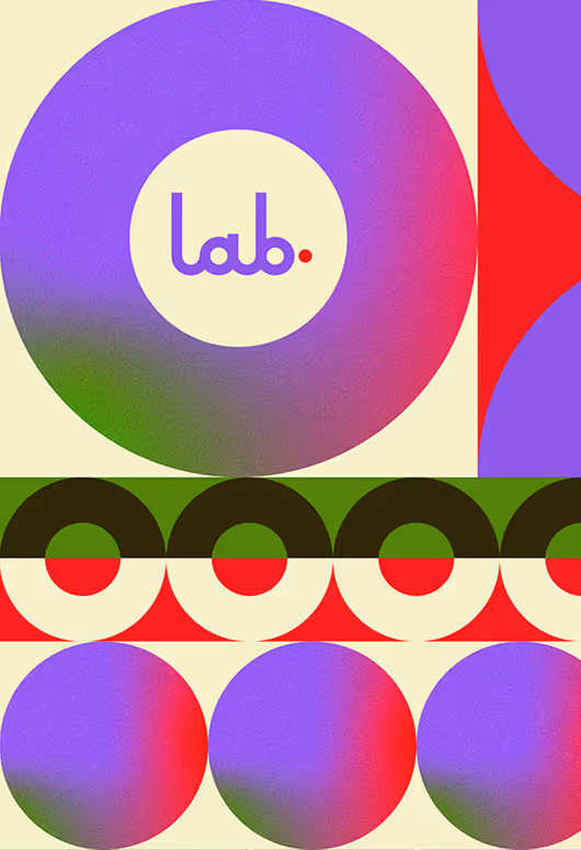 The Lab logo sits amongst a busy set of patterns made up of circles, donuts, and semi circles. It has a vintage feel with bright vibrant colors.