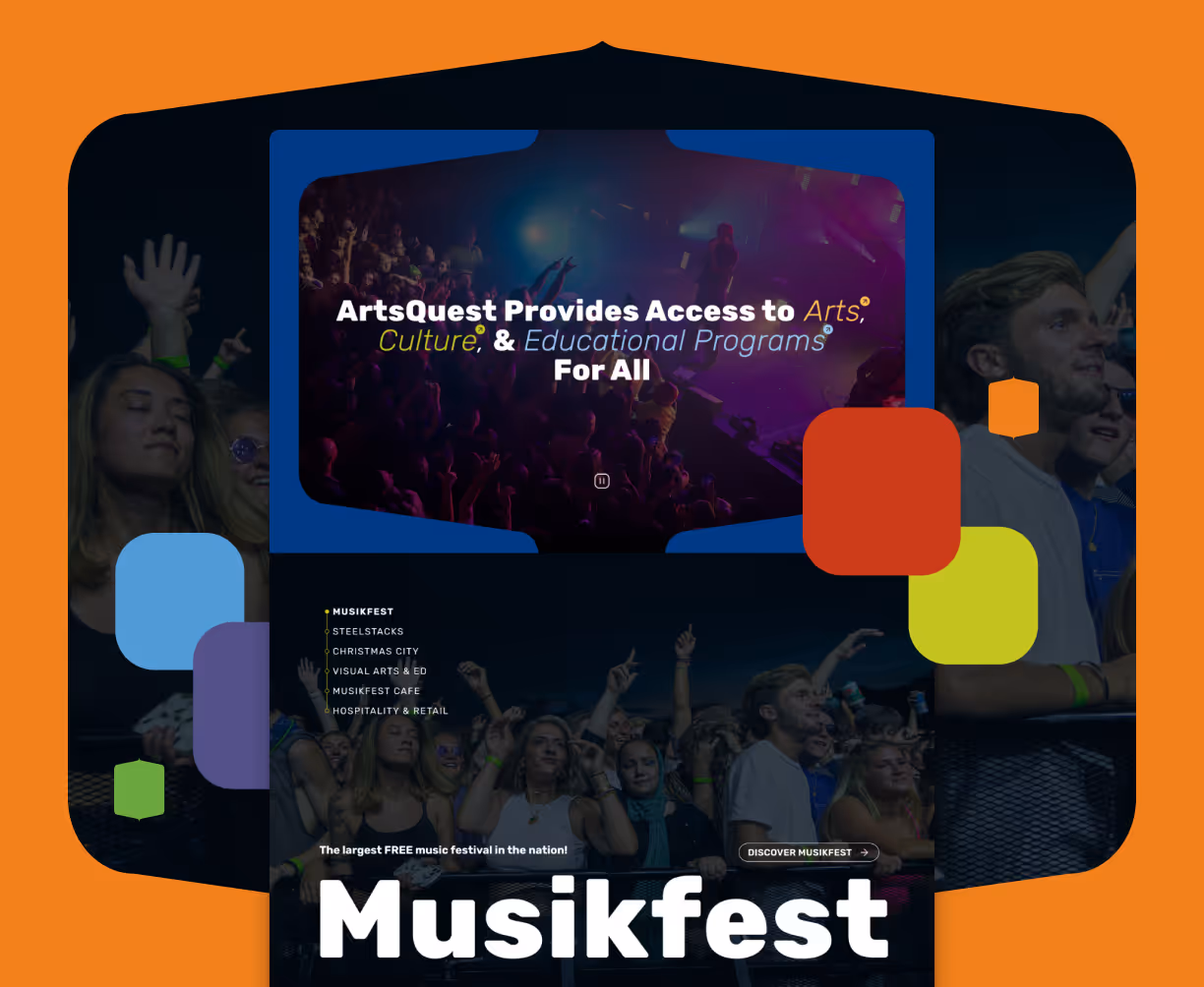 The ArtsQuest homepage featured over an image of people attending a concert. There is a frame of orange bars and multi colored confetti shapes around the site.  