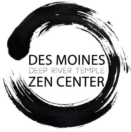 Black brushstroke circle surrounding the text 'DES MOINES DEEP RIVER TEMPLE ZEN CENTER' in black font.