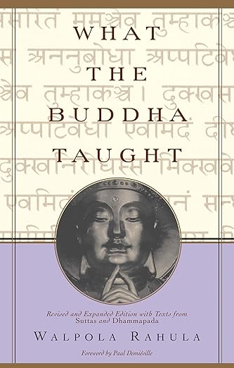 Book cover of 'What the Buddha Taught' by Walpola Rahula featuring a meditative Buddha statue and background with Sanskrit text.