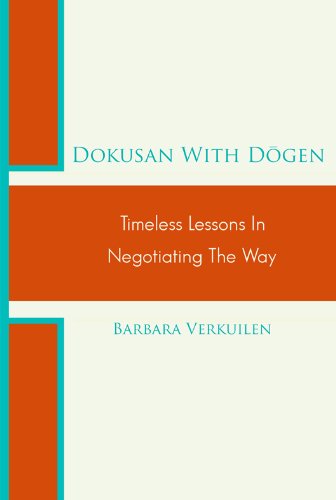Book cover titled 'Dokusan With Dogen: Timeless Lessons In Negotiating The Way' by Barbara Verkuilen, featuring a minimalist design with teal and burnt orange blocks on a light background.