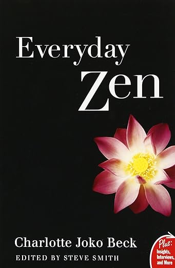 Book cover of Everyday Zen by Charlotte Joko Beck featuring a pink and white lotus flower on a black background.