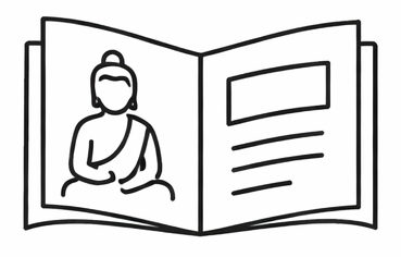 Black line drawing of an open book with a seated Buddha figure on the left page and text lines on the right page.
