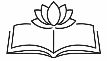 Outline of an open book with a lotus flower above its center, symbolizing knowledge and enlightenment.