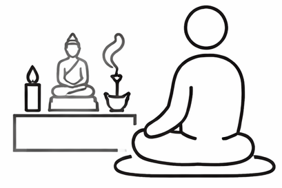Simple line drawing of a person meditating in front of a small altar with a Buddha statue, a lit candle, and incense.