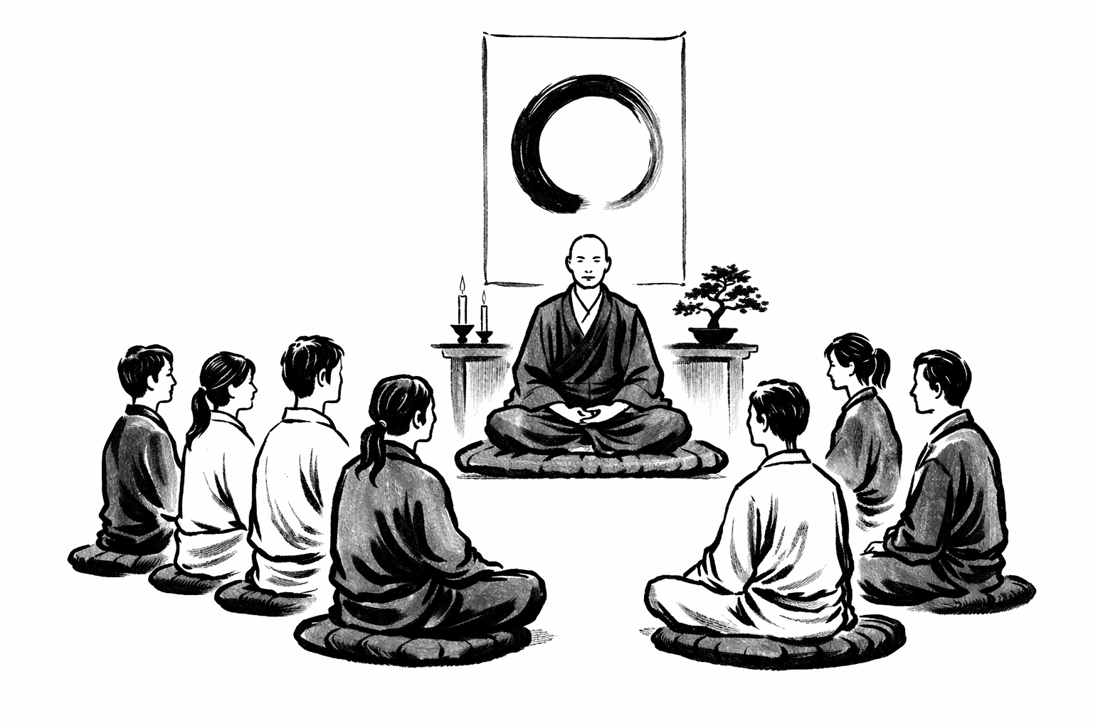 A zen master meditating on a cushion before a circle painting, surrounded by seven people seated in meditation posture facing him.