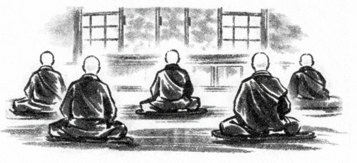 Black-and-white sketch of five monks sitting cross-legged in meditation facing a wall with windows.