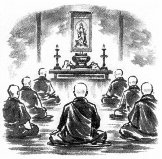 Black and white illustration of monks sitting in meditation facing a small altar with candles and a hanging scroll.