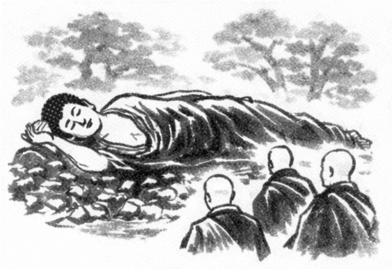Black and white drawing of a reclining Buddha surrounded by three monks with shaved heads, and trees in the background.