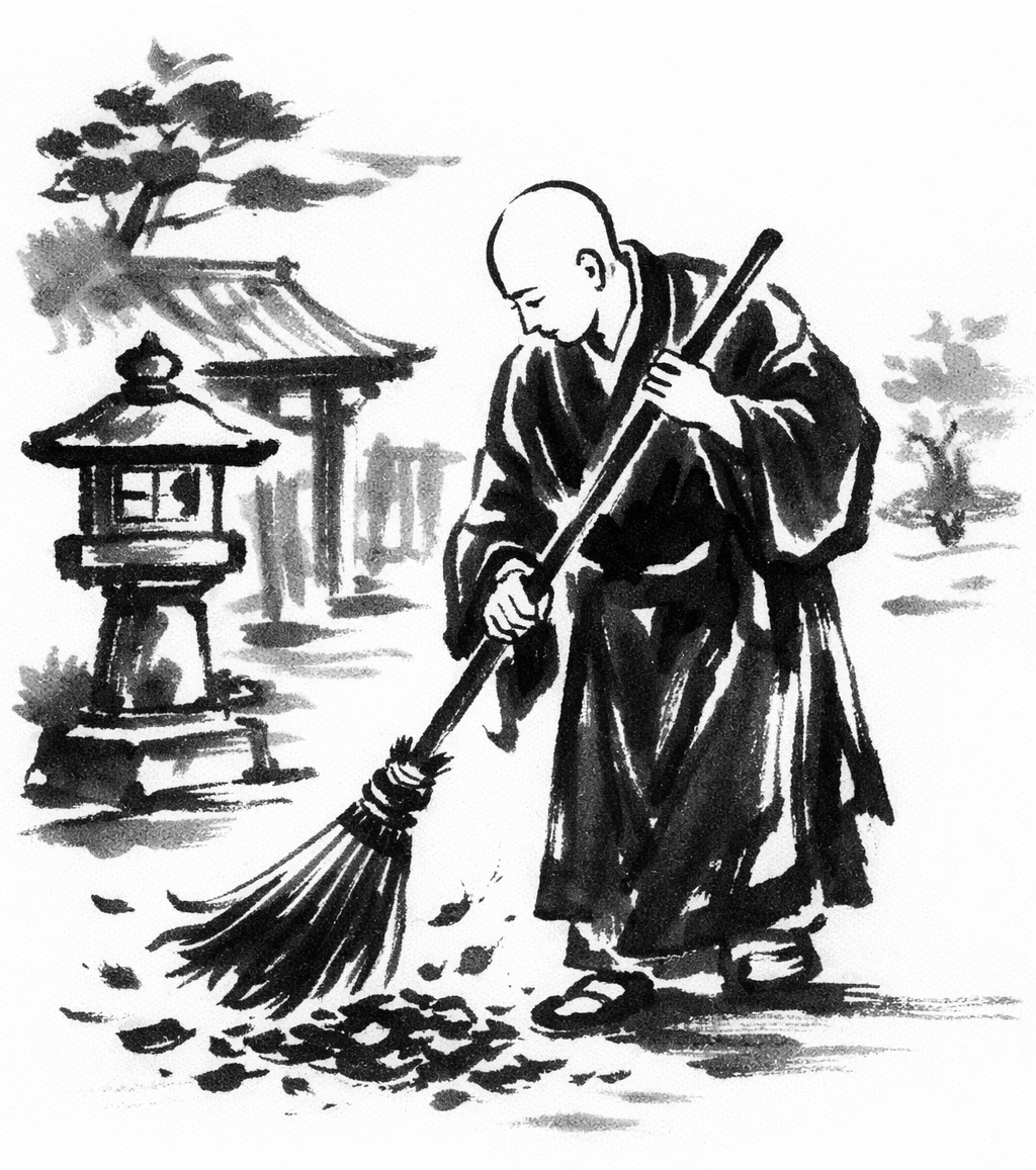 Black ink brush painting of a monk sweeping leaves with a broom in a traditional Japanese garden.