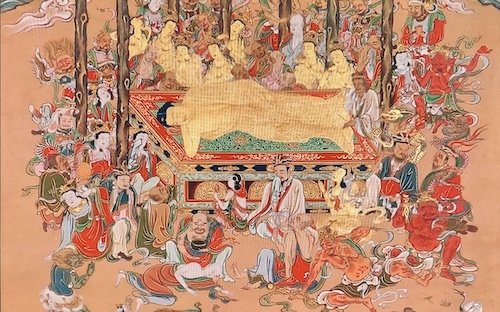 Traditional Buddhist painting depicting the parinirvana of Buddha surrounded by mourners and spiritual figures.