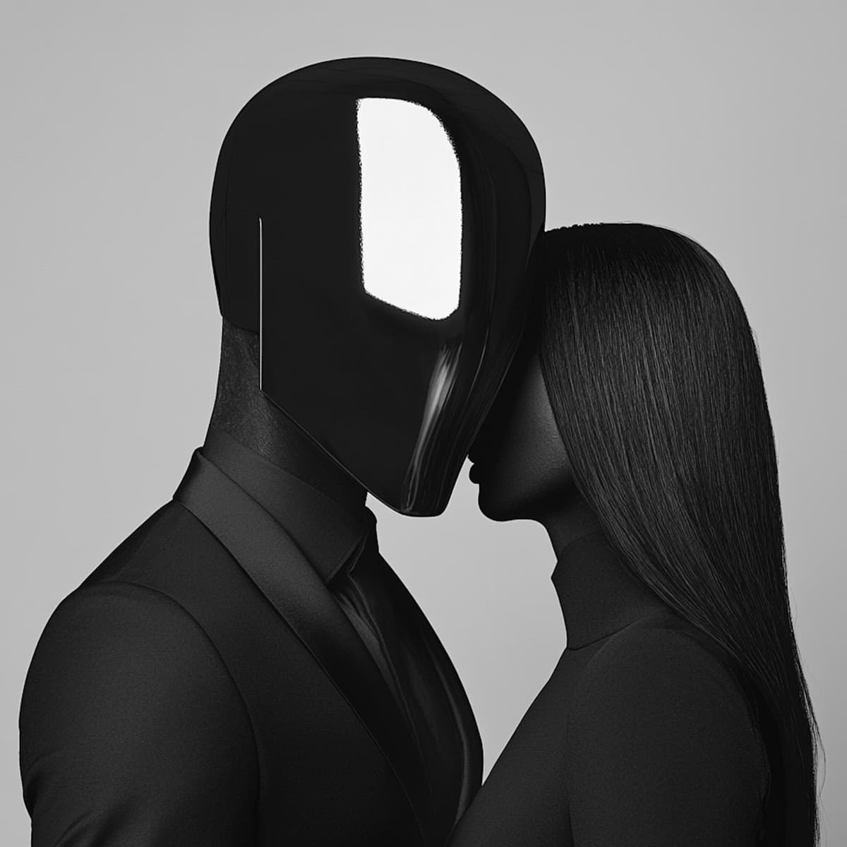 A man wearing a Daft Punk–style helmet standing beside a woman.