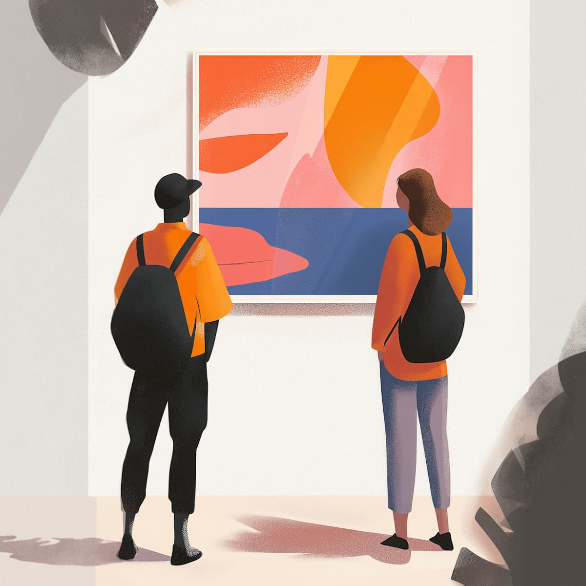 Minimal illustration of two people viewing a painting in an art gallery.