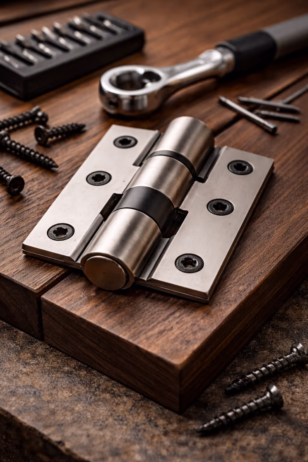 Close-up of a stainless steel door hinge with black screws on a wooden surface, surrounded by scattered screws and a ratchet wrench.