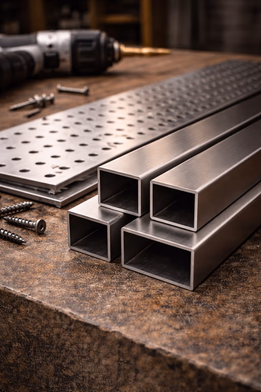 Stack of square metal tubing on a workbench with perforated metal sheets, screws, and a drill in the background.