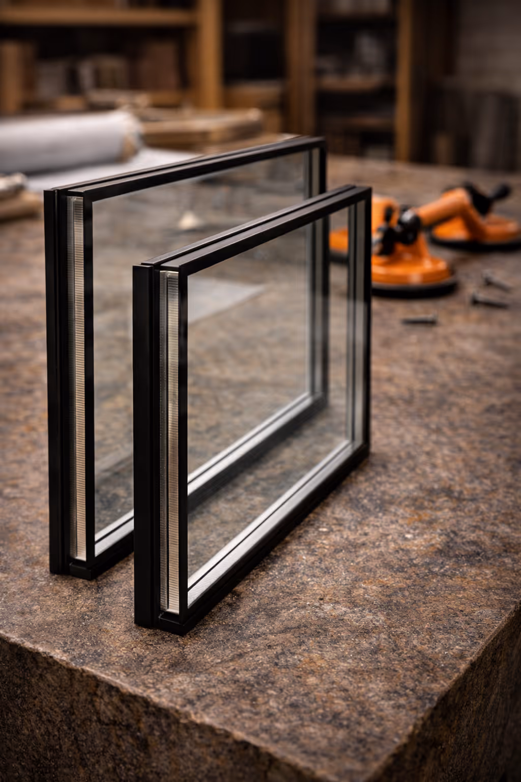 Two modern double-pane glass window panels with black frames standing on a workbench in a workshop.