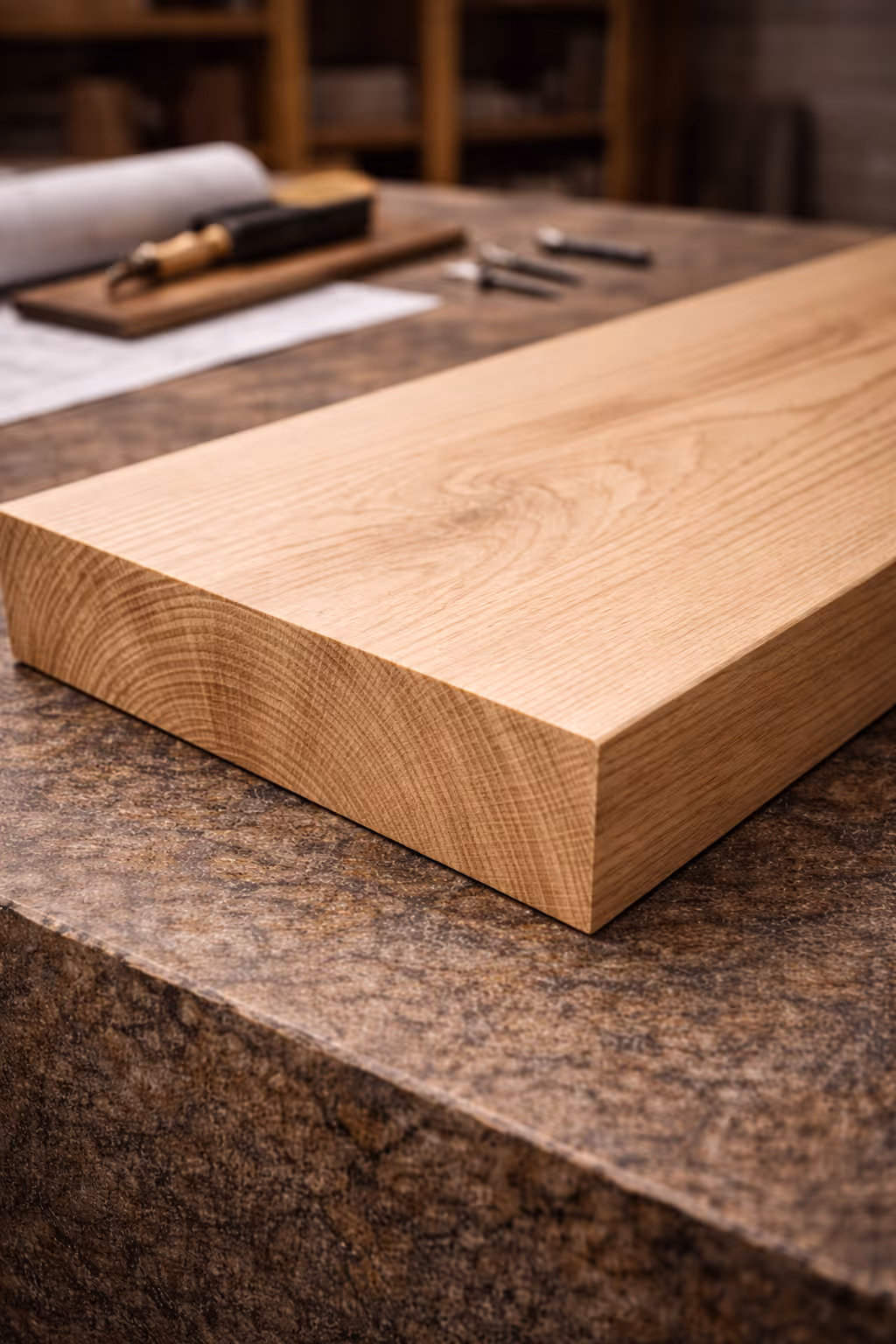 Close-up of a smooth light wood plank on a textured brown stone surface with woodworking tools blurred in the background.