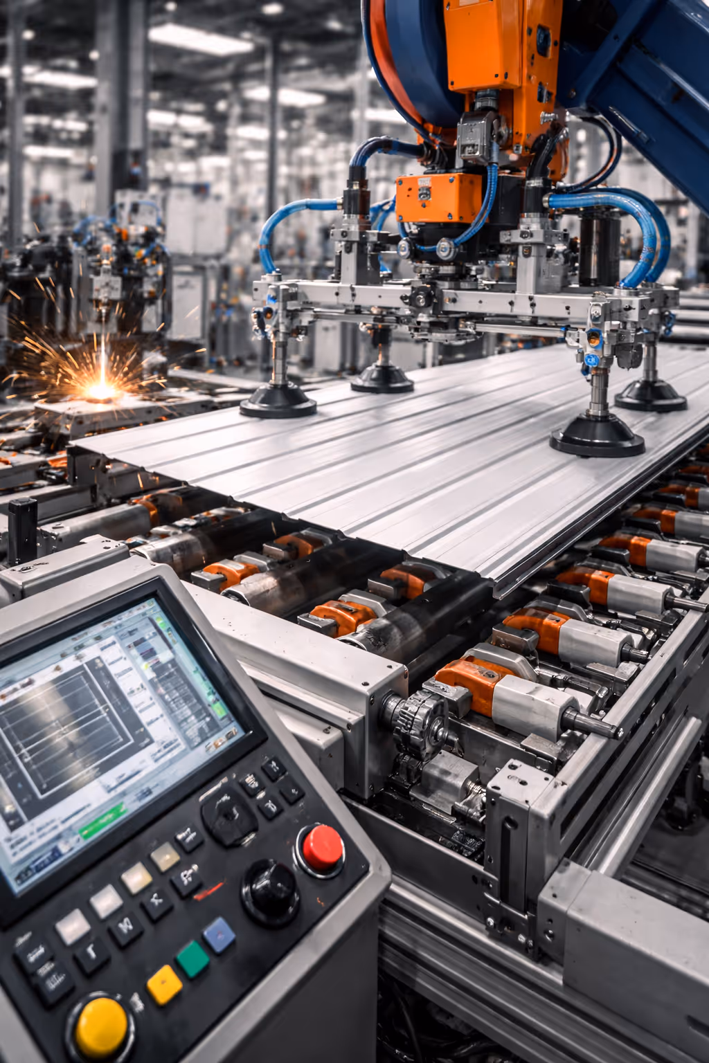 Automated industrial machine with robotic arm and control panel welding and handling large metal sheet in a factory setting.
