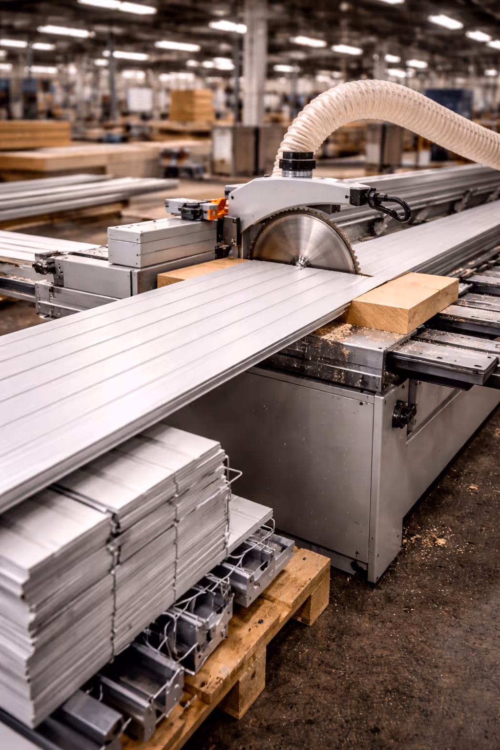 Industrial saw cutting long metal or aluminum profiles in a factory setting.