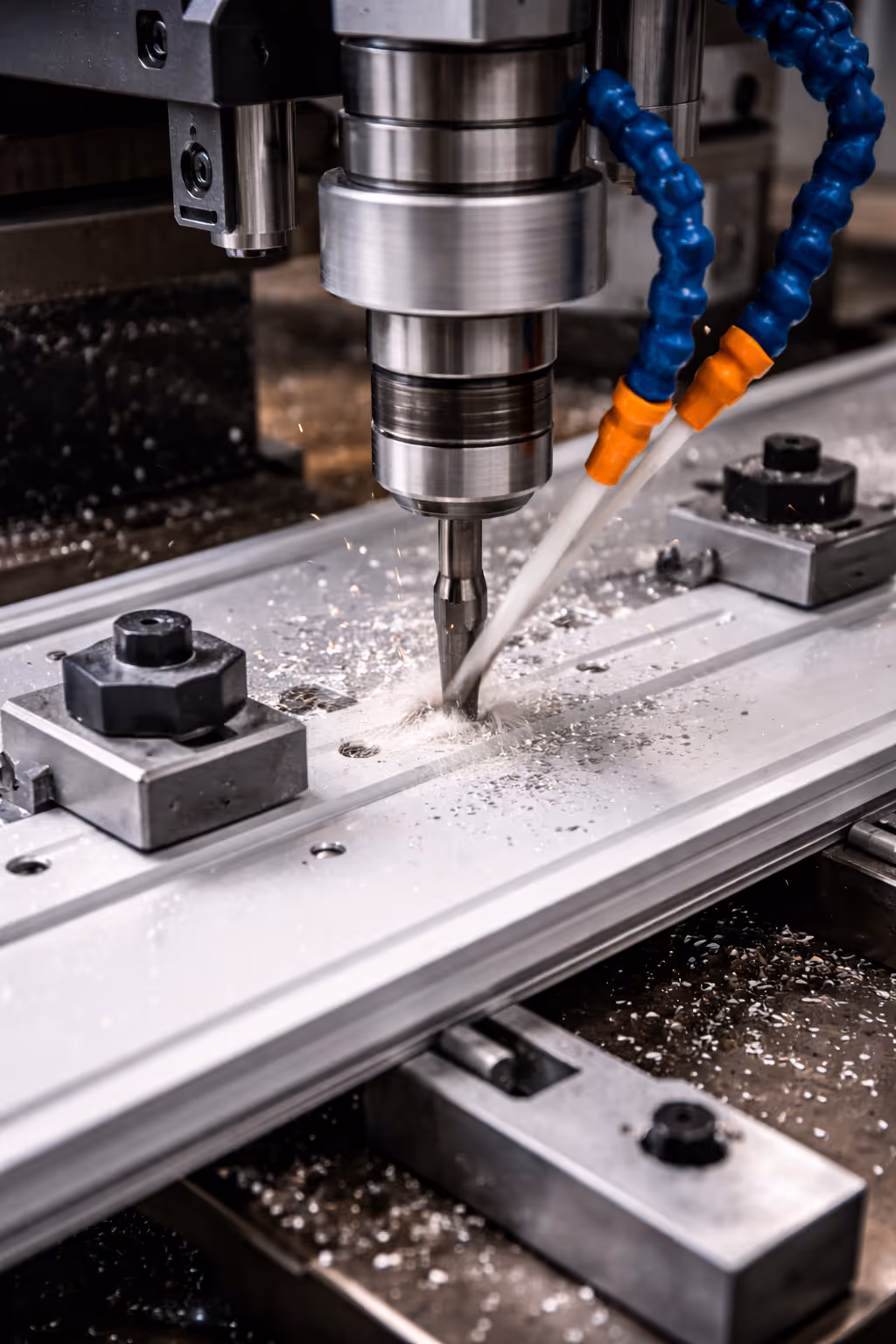 Close-up of CNC milling machine cutting metal with coolant fluid spraying.