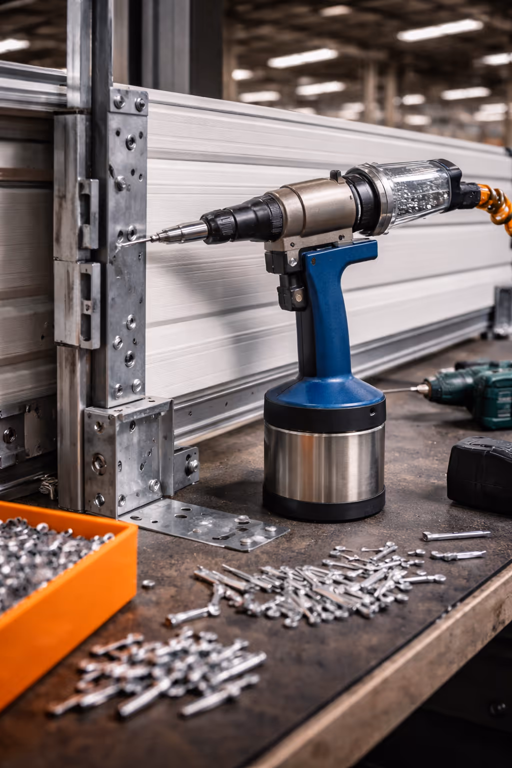 Industrial power drill mounted on a workbench with metal screws and parts scattered around.