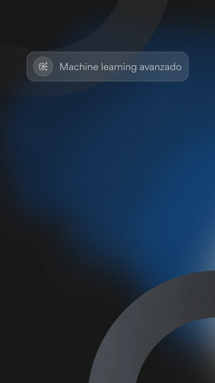 Dark blue and black abstract background with circular shapes and a translucent button displaying a circuit icon and the text 'Machine learning avanzado'.