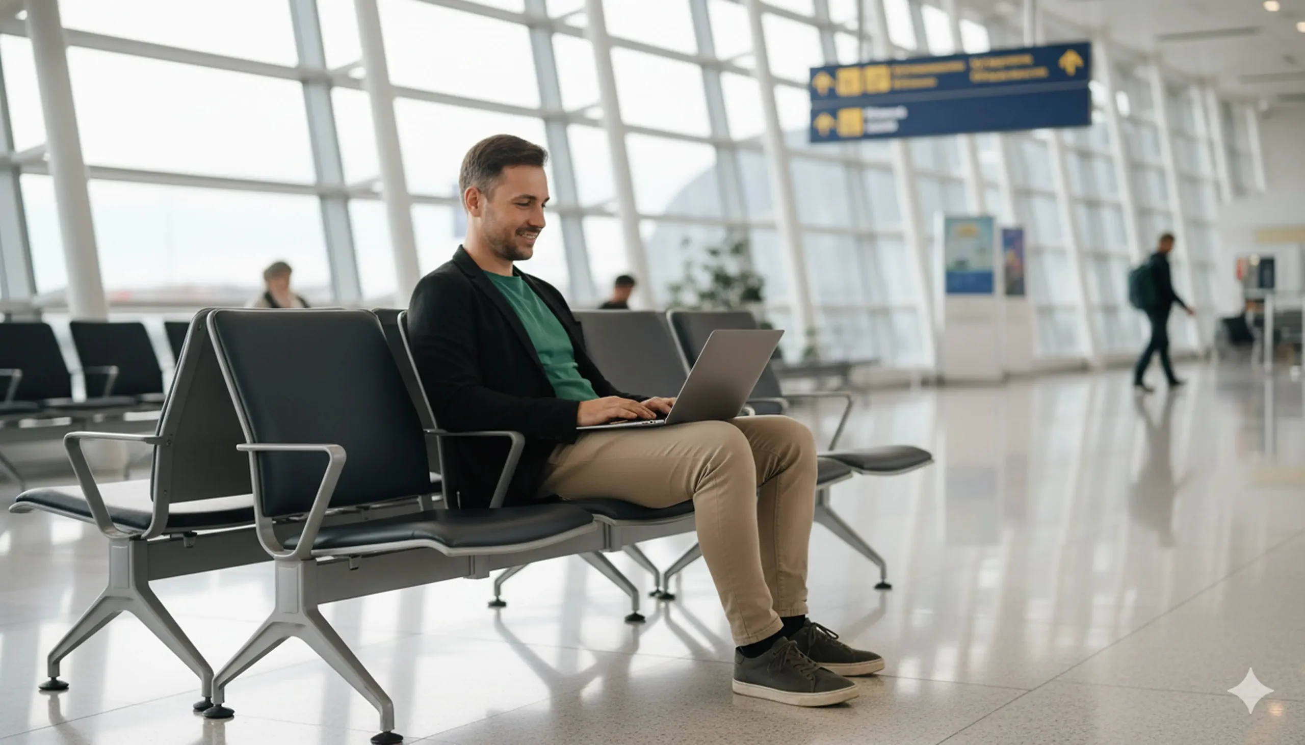 Man sitting on a bench in an airport terminal working on a laptop.
