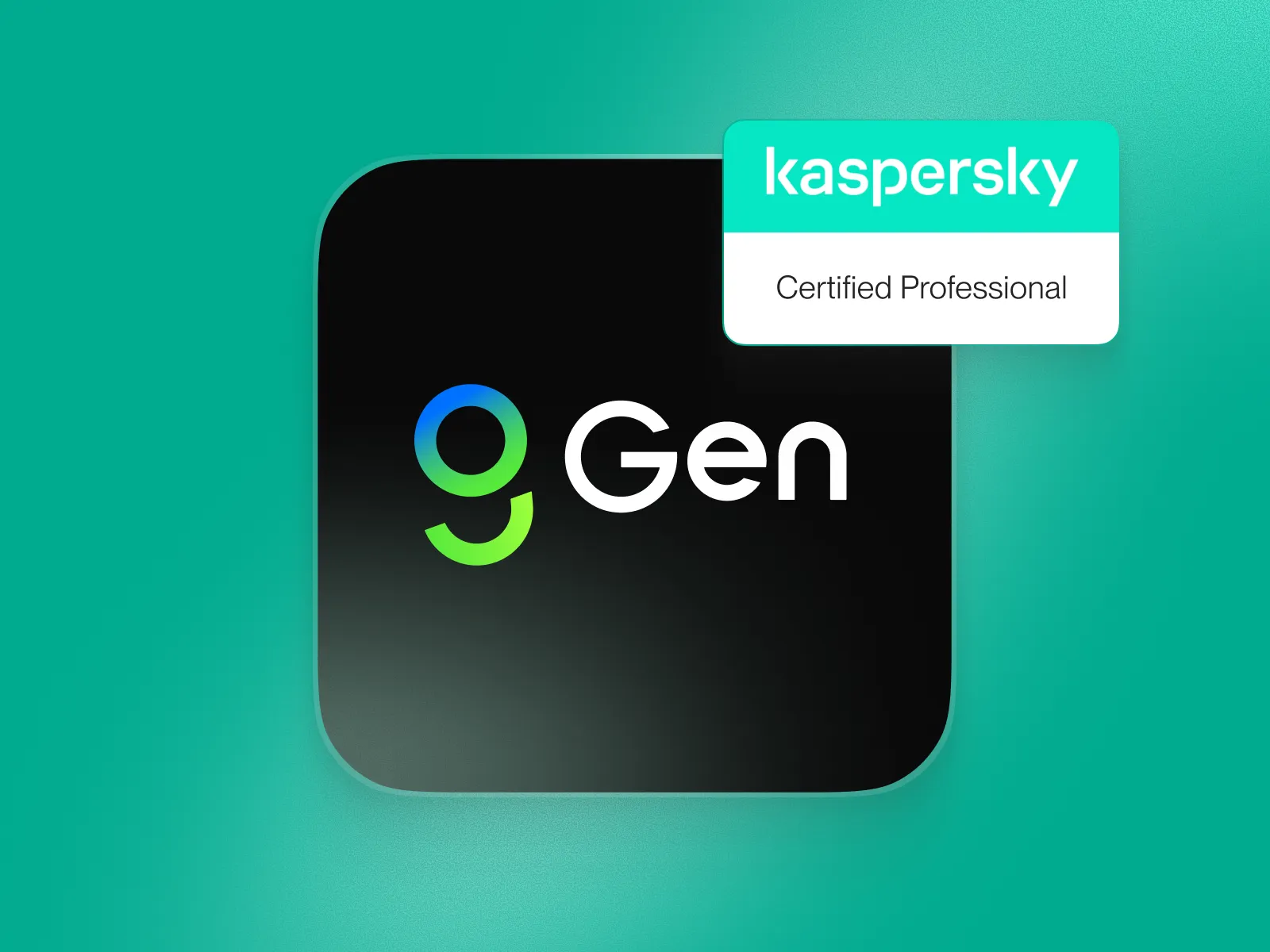 Black rounded square with 'Gen' text and a blue-green circular logo, with 'kaspersky Certified Professional' label on top right.