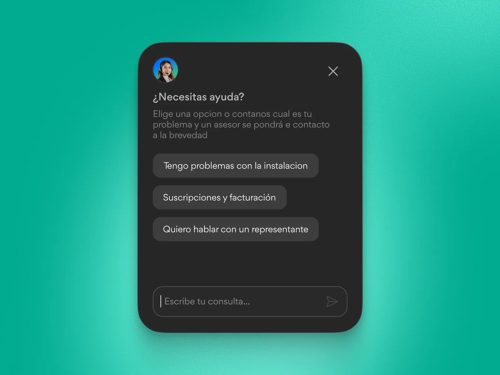 Chat support window in Spanish with a user avatar, asking if help is needed and offering options for installation issues, subscriptions, billing, or speaking to a representative, plus a text input field.