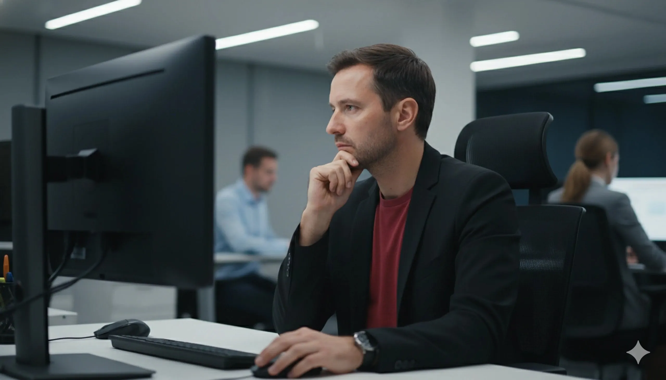Man in business attire intently looking at a computer monitor in an office setting.
