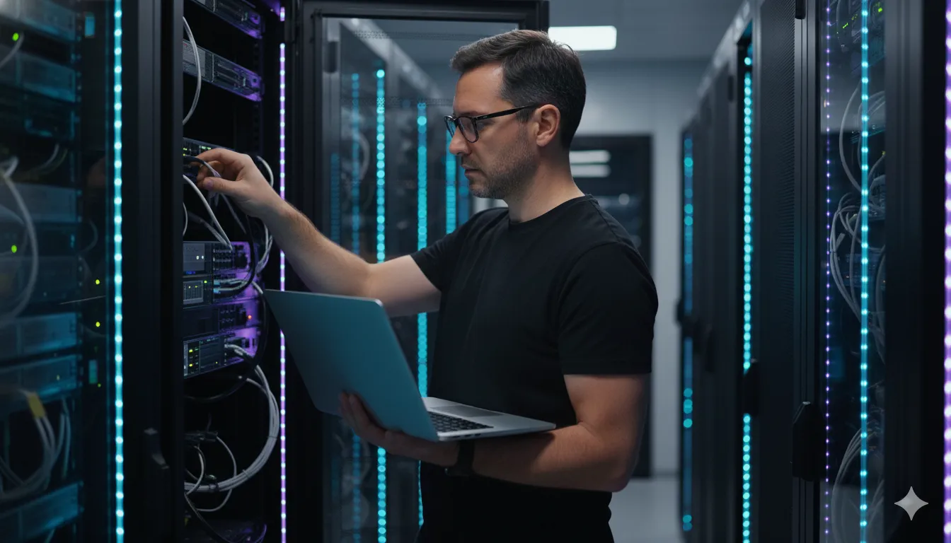 IT professional with glasses holding a laptop and working on server cables in a data center.