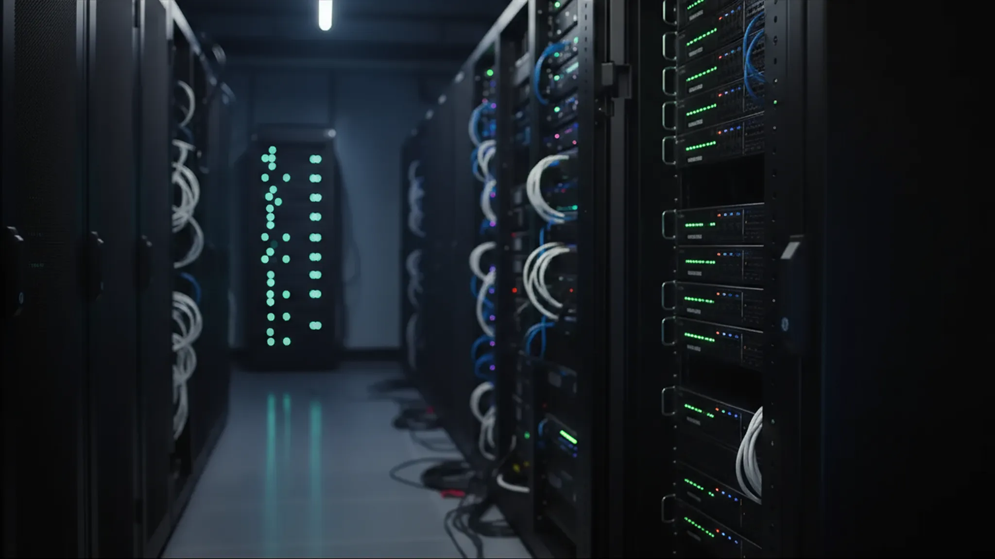 Interior of a data center aisle with server racks and network cables, showing illuminated status lights.
