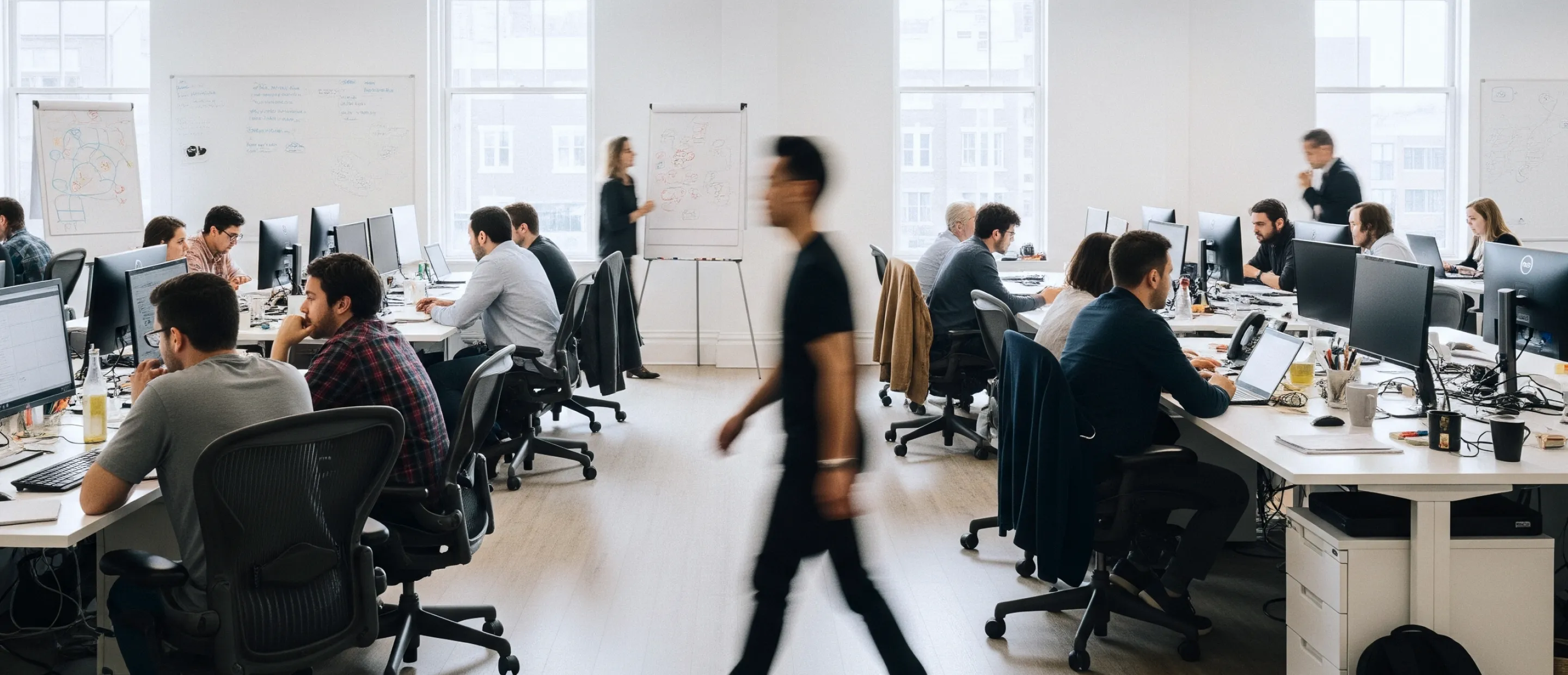 Busy modern office with employees working at desks with computers and a person walking through the center aisle.