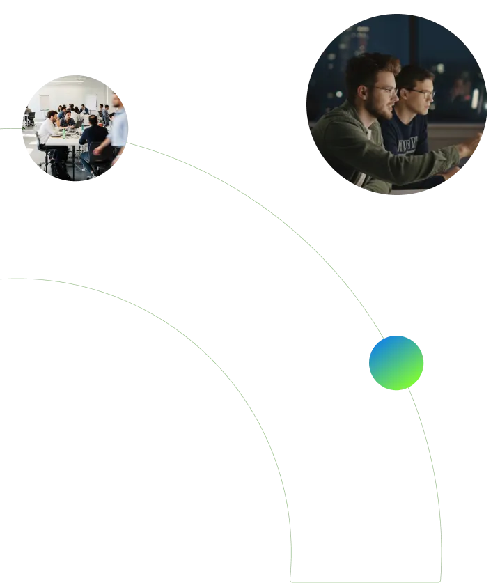 Graphic with two circular photos connected by green curved lines; one photo shows a group meeting in a bright office, and the other shows two men working together at night.
