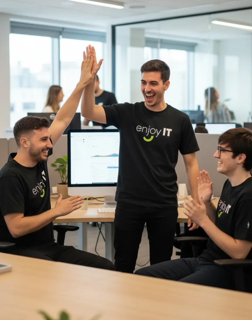 Three young men in black 'enjoy IT' shirts celebrate with a high-five and applause in a modern office setting.
