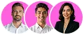 Headshots of three diverse professionals with smiling expressions against pink circular backgrounds.